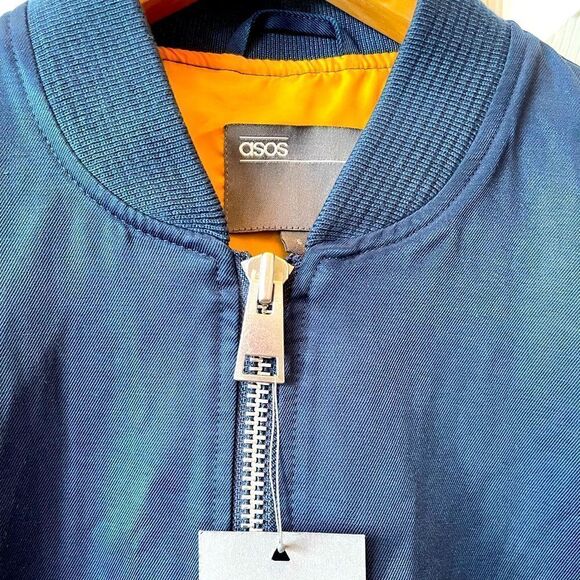 NAVY WITH ORANGE LINING ASOS BOMBER JACKET SIZE SMALL NWT - Picture 3 of 9